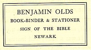 BENJAMIN OLDS BOOK-BINDER & STATIONER SIGN OF THE BIBLE NEWARK